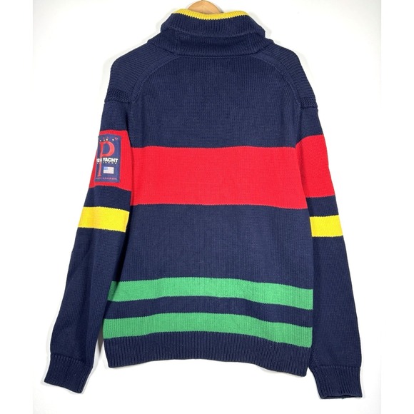Polo Ralph Lauren 12.M Yacht Challenge Sweater Men XL Navy Red Stripe Shawl Neck - Picture 3 of 16